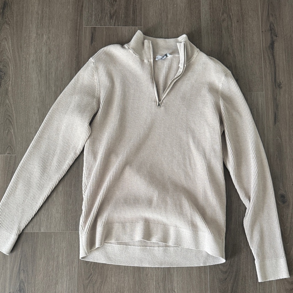 Mango Men's Light Brown/Cream Half-Zip Sweater